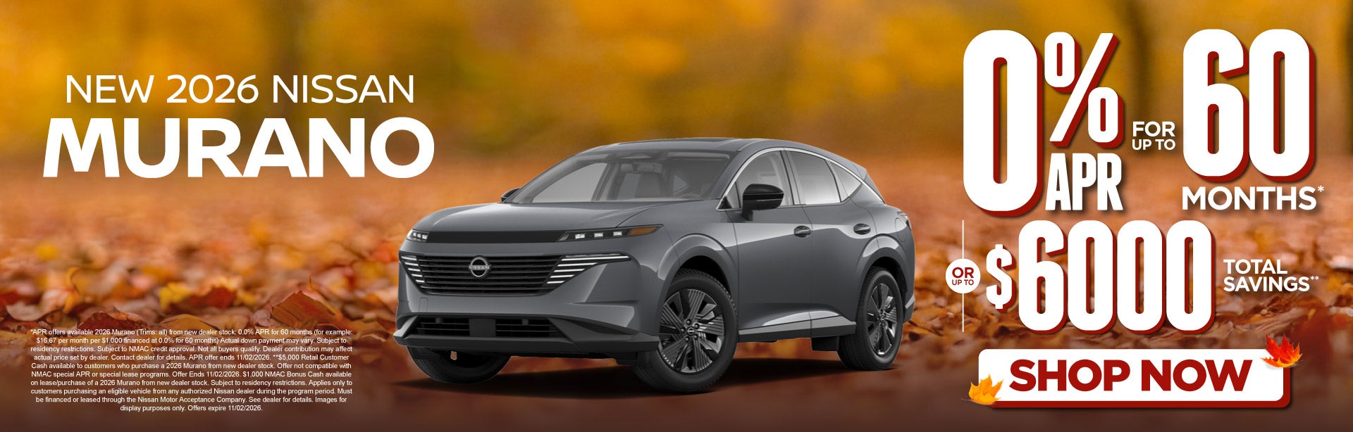 2026 Nissan Murano 	"0% APR Financing for up to 60 months* O