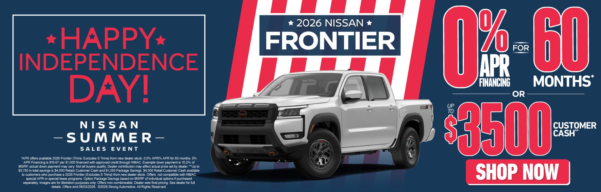2026 Nissan Frontier	"0% APR Financing for 60 Mos* OR Up to 