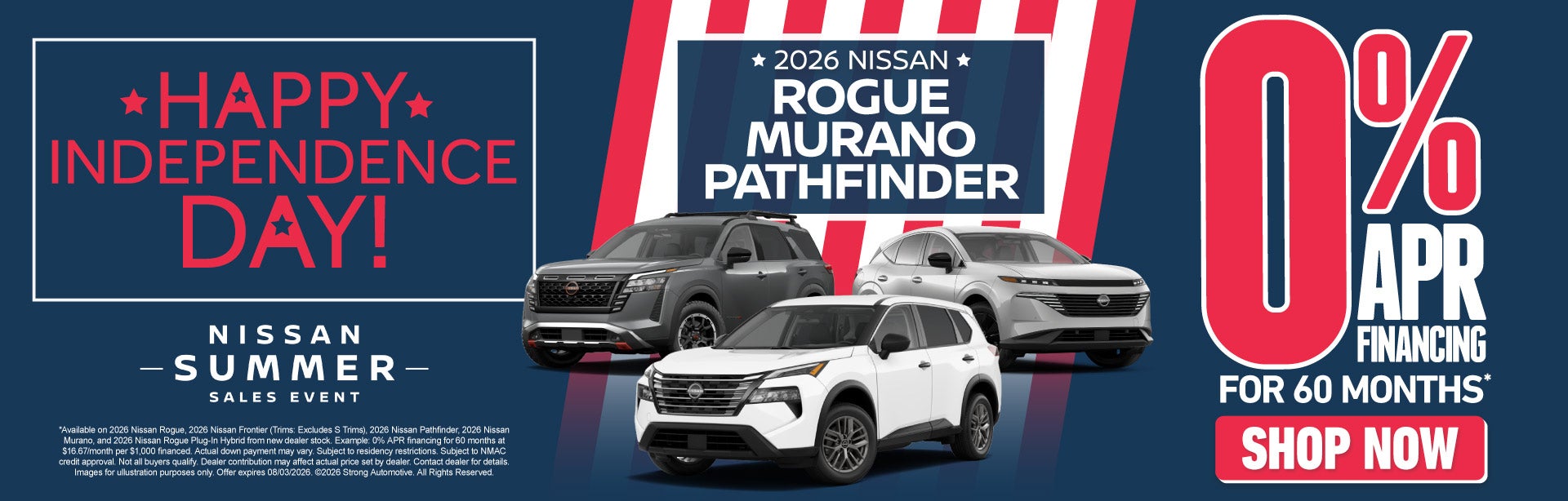 New 2026 Nissan Rogue, Murano, or Pathfinder 	0% APR For 60 