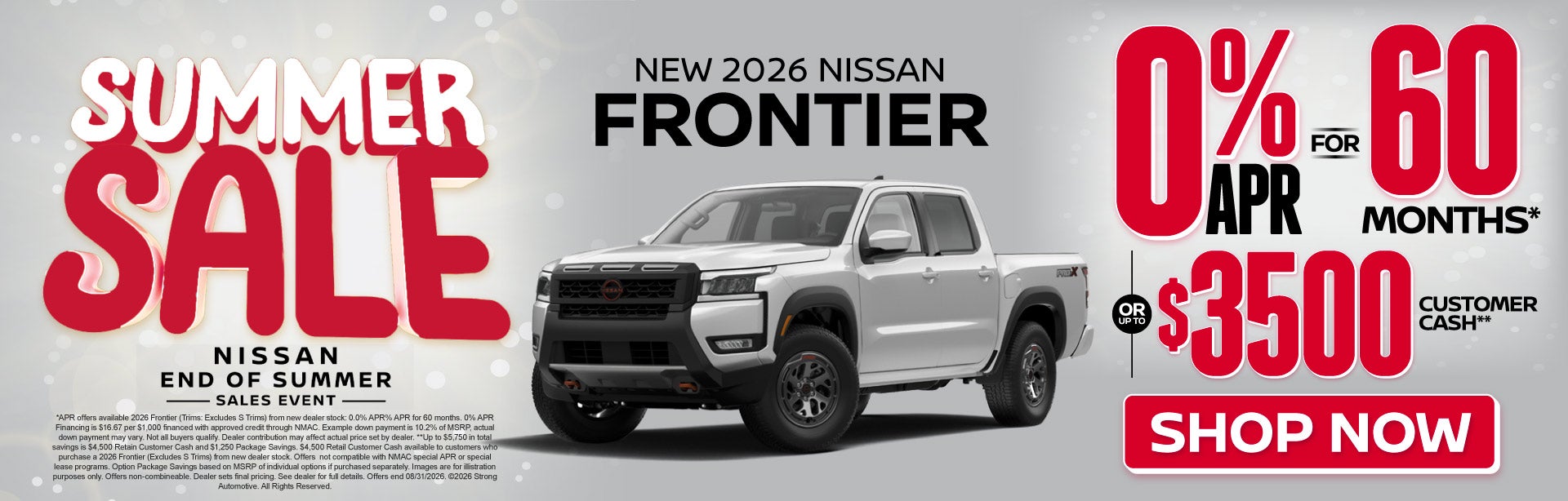 2026 Nissan Frontier	"0% APR Financing for 60 Mos* OR Up to 